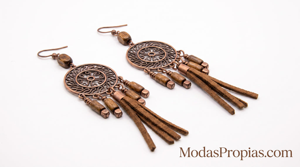 Pendientes Largos Madera y Cuero | Estilo Natural Boho