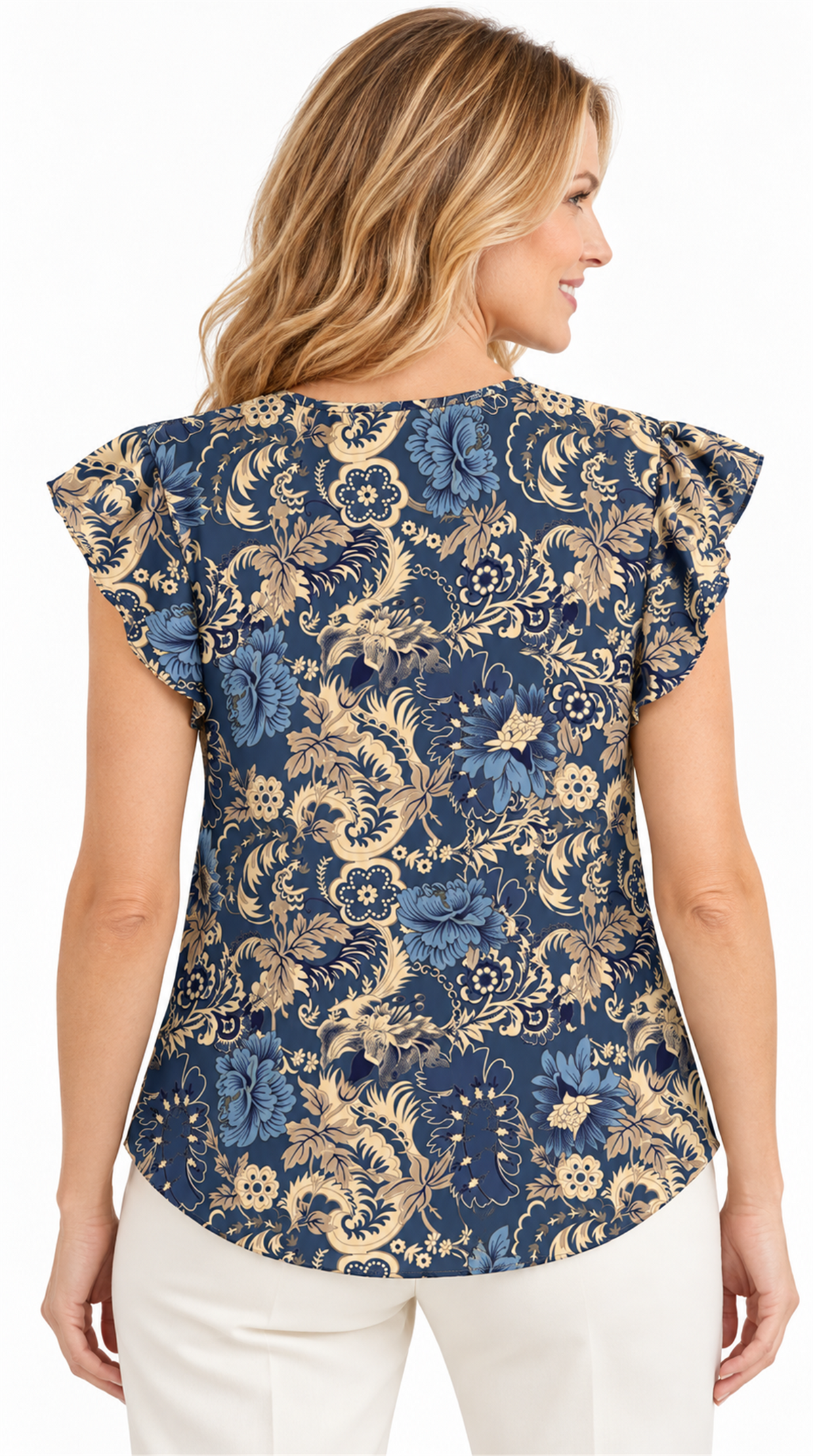 Blusa azul estampada vista de espalda