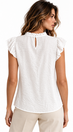 Blusa blanca espalda con abertura y botón en la nuca