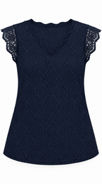 Blusa azul marino sola, cuerpo opaco y mangas de encaje transparente