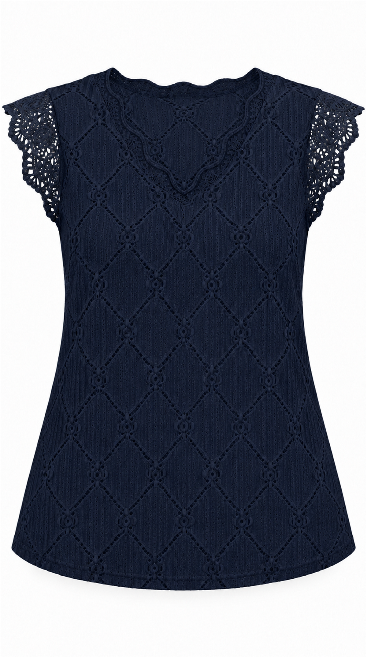 Blusa azul marino sola, cuerpo opaco y mangas de encaje transparente