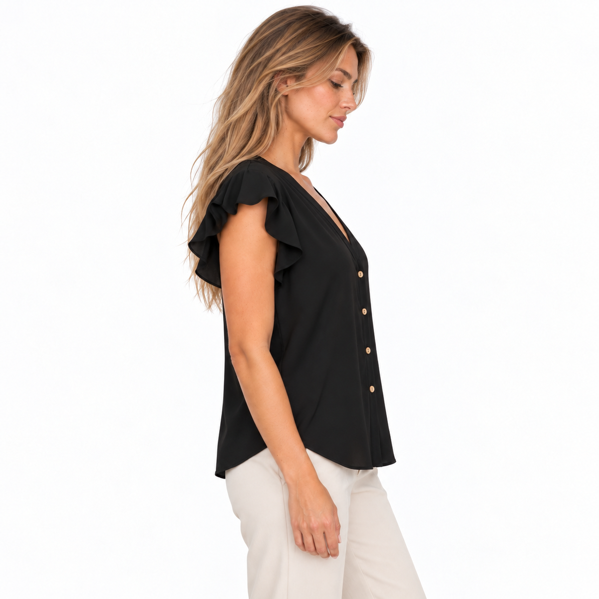 Blusa negra mangas de vuelo — lado