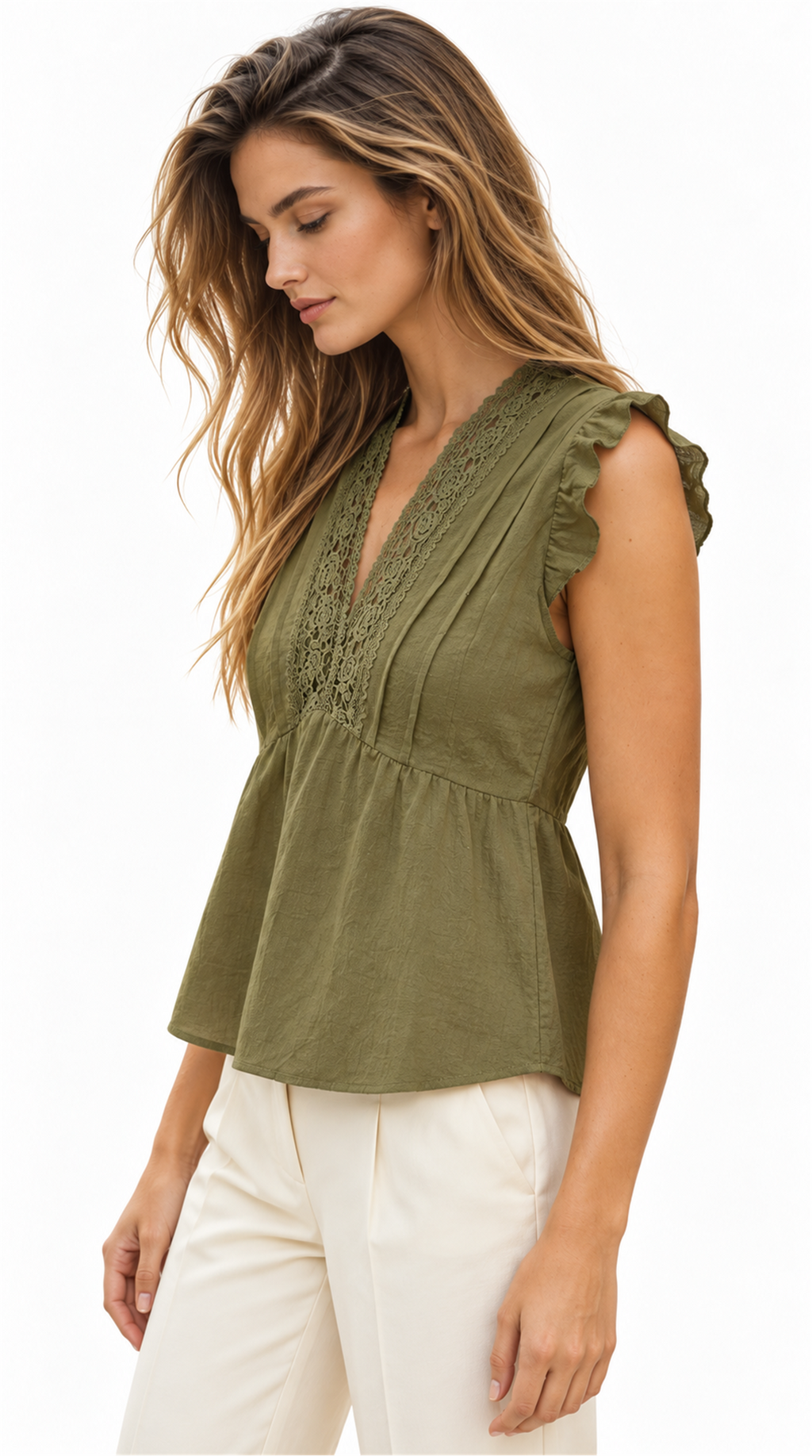 Blusa verde oliva de algodón vista de lado