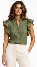 Frente con blusa por dentro de pantalón marfil
