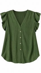 Blusa verde oliva sola, cuatro botones y mangas de vuelo