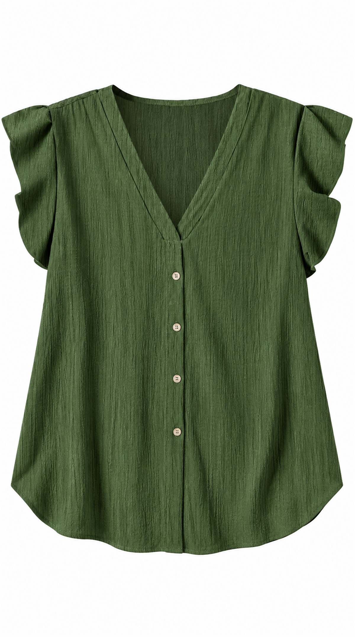 Blusa verde oliva sola, cuatro botones y mangas de vuelo