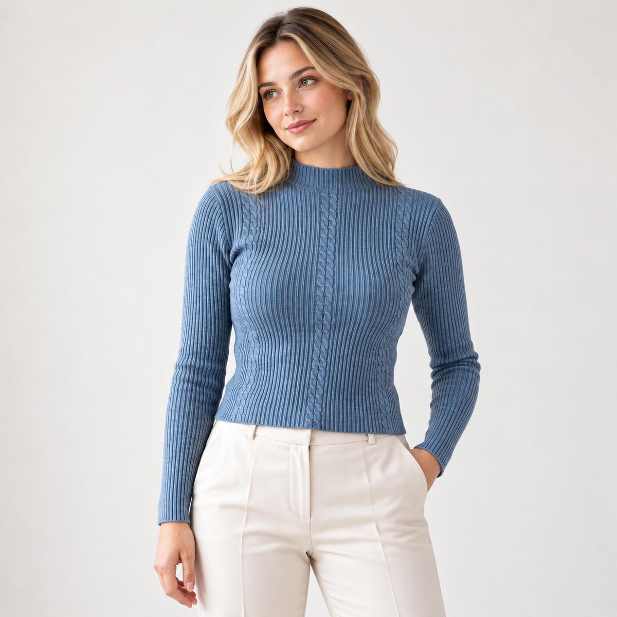 Sweater acanalado cuello medio azul, largo48cm, vista frontal con modelo natural