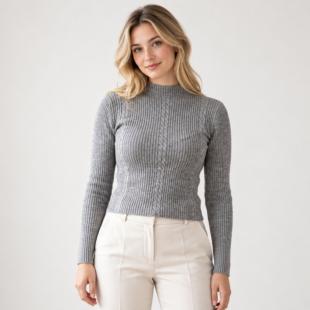 Sweater acanalado cuello medio gris, largo48cm, vista frontal con modelo natural
