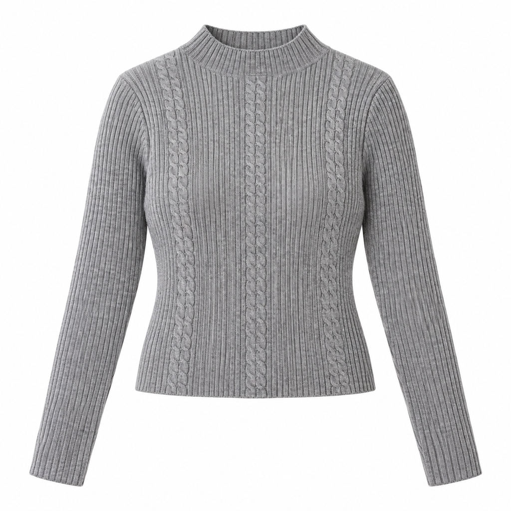 Sweater acanalado cuello medio gris, largo 48 cm, producto completo sobre fondo blanco