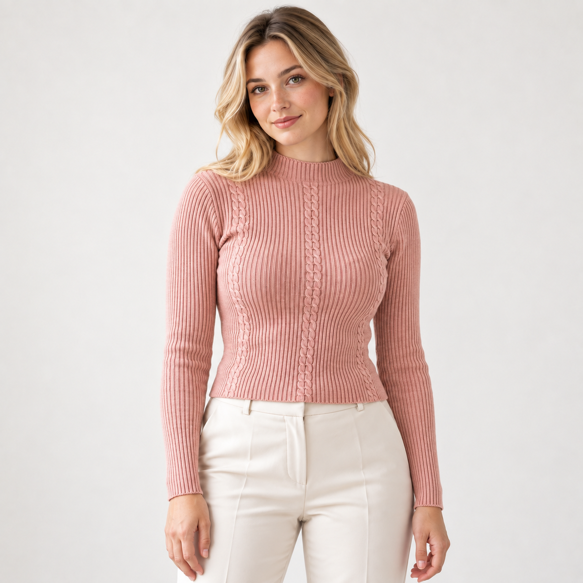 Sweater acanalado cuello medio rosa, largo48cm, vista frontal con modelo natural