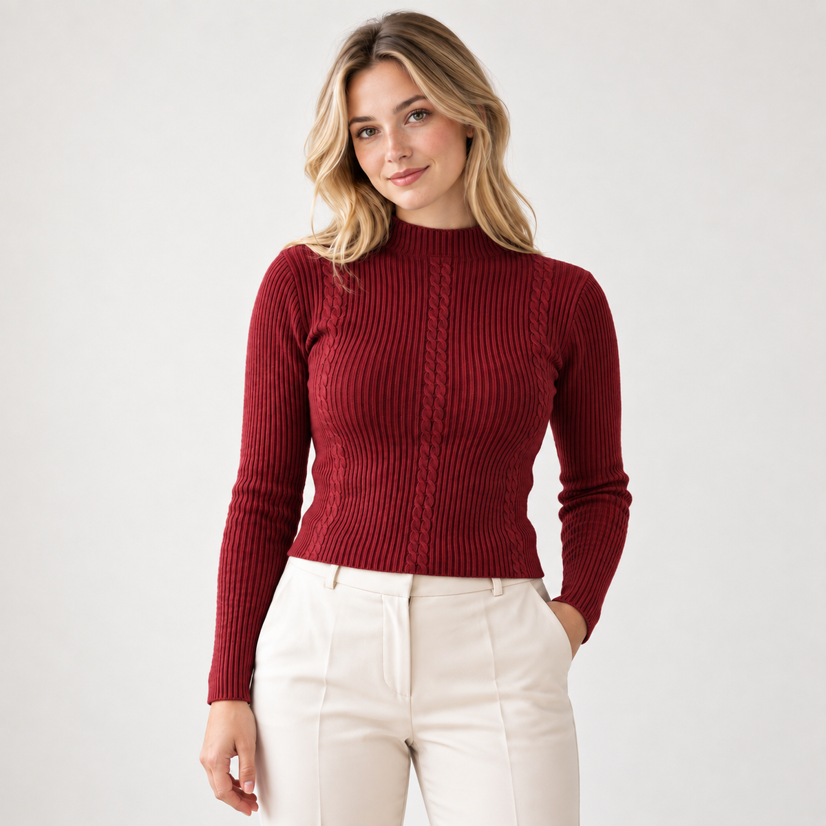 Sweater acanalado cuello medio vino, largo48cm, vista frontal con modelo natural