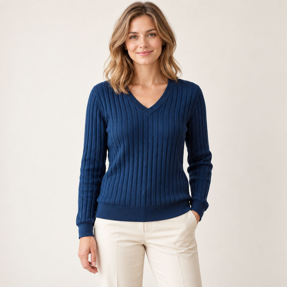 Sweater azul oscuro acanalado cuello V, vista front