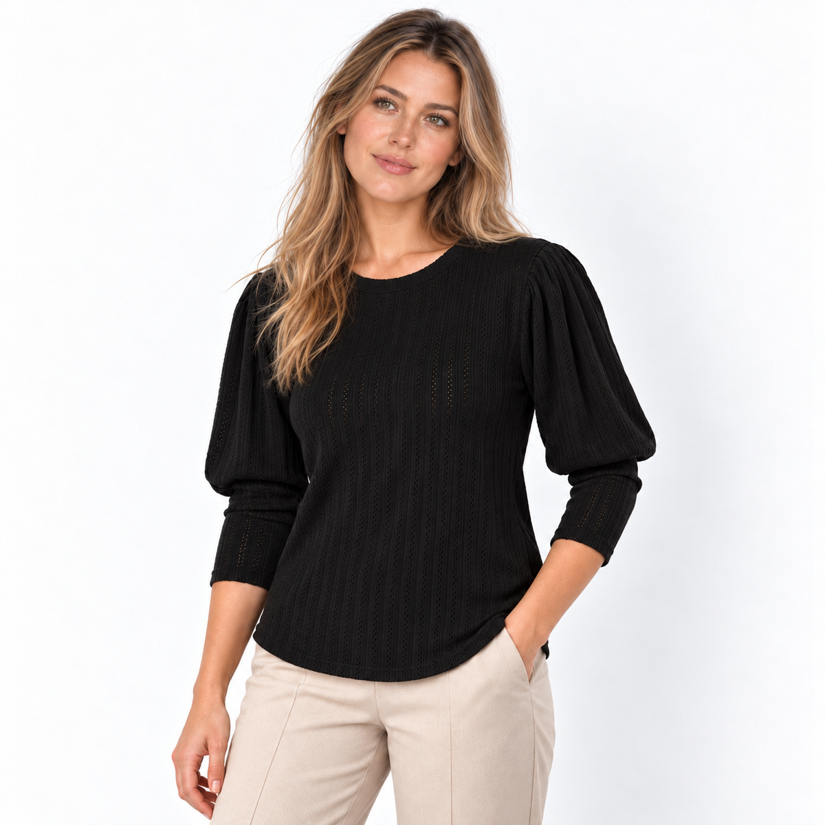 Blusa drapeada negro — pose 2, modelo MODASPROPIAS