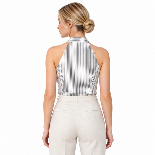 Blusa a rayas hombros descubiertos, vista de espalda con fondo blanco