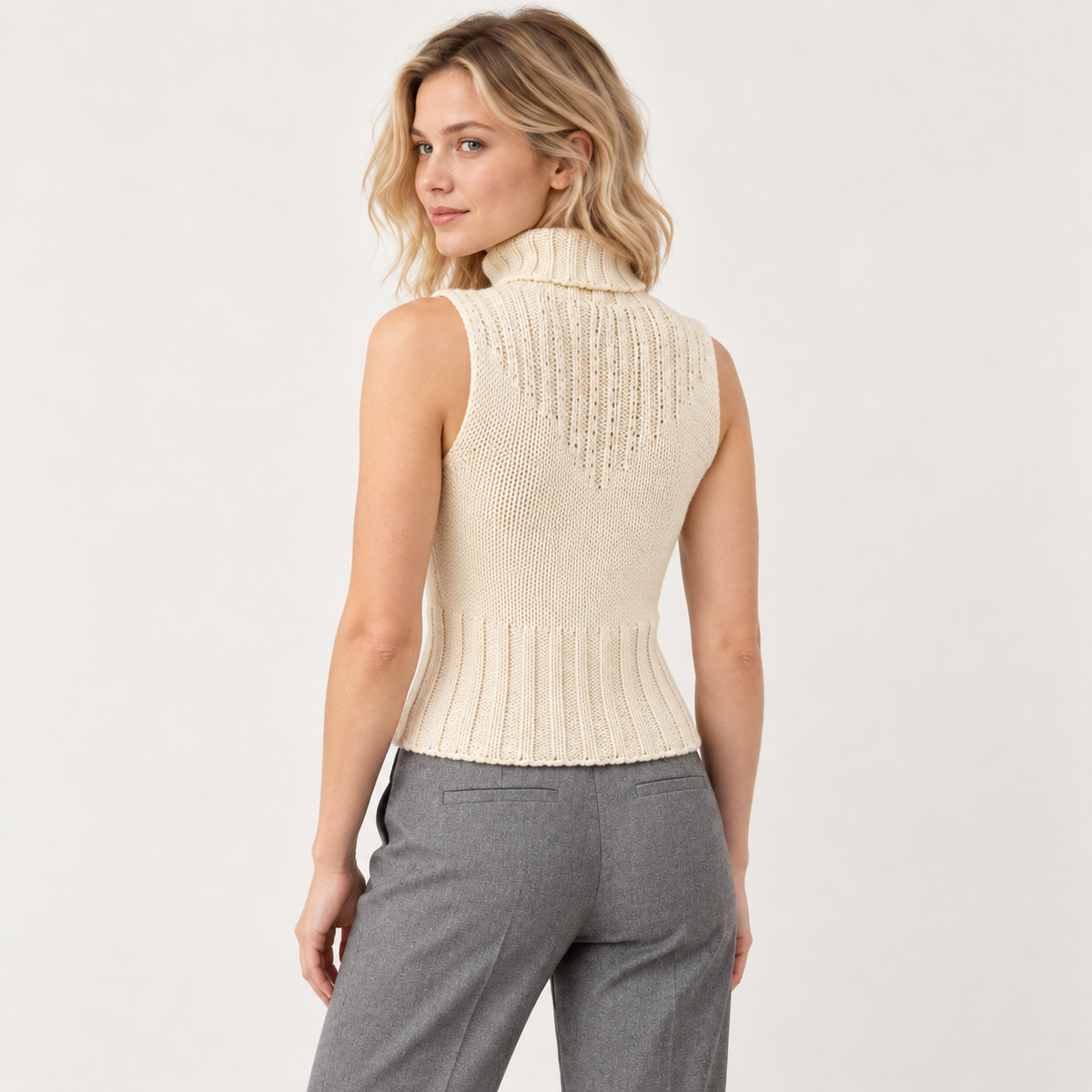 Sweater beige con brillos sin mangas, vista espalda
