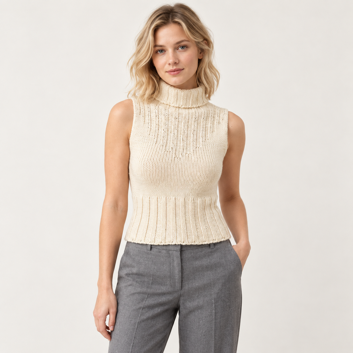 Sweater beige con brillos sin mangas, vista front