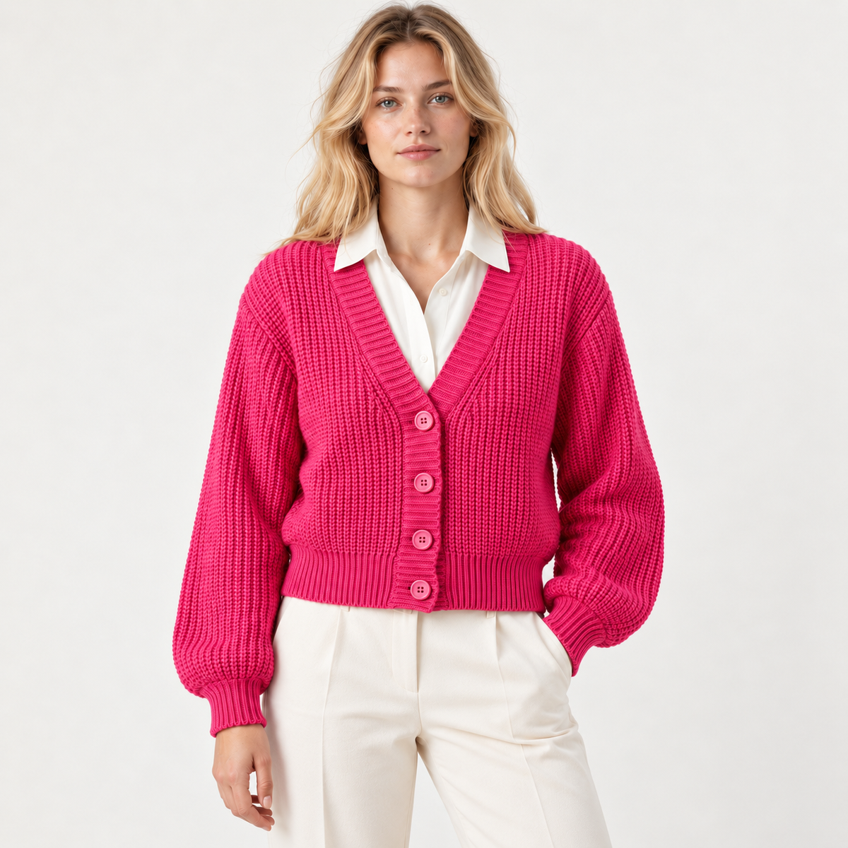 Cárdigan mangas anchas fucsia — front