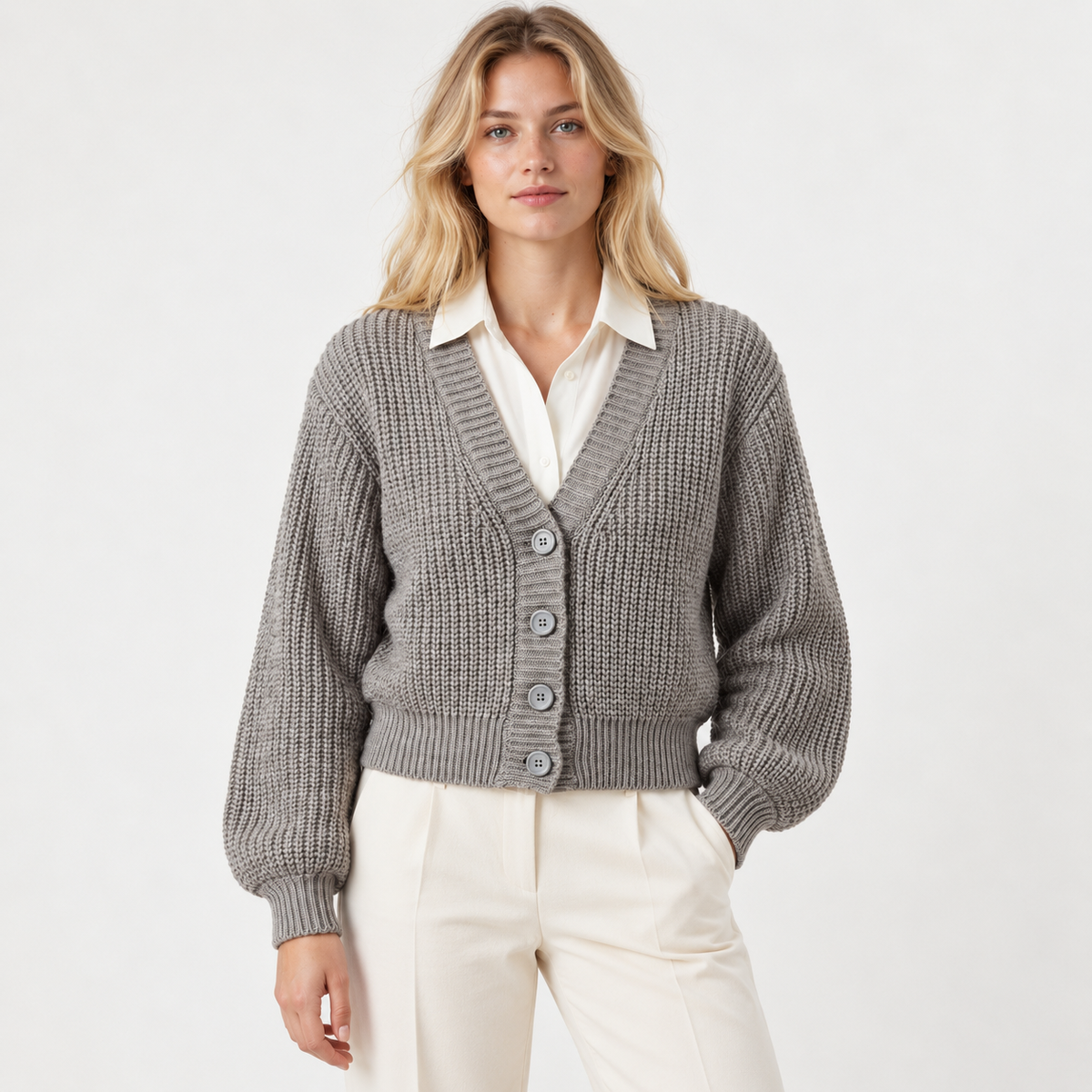 Cárdigan mangas anchas gris — front