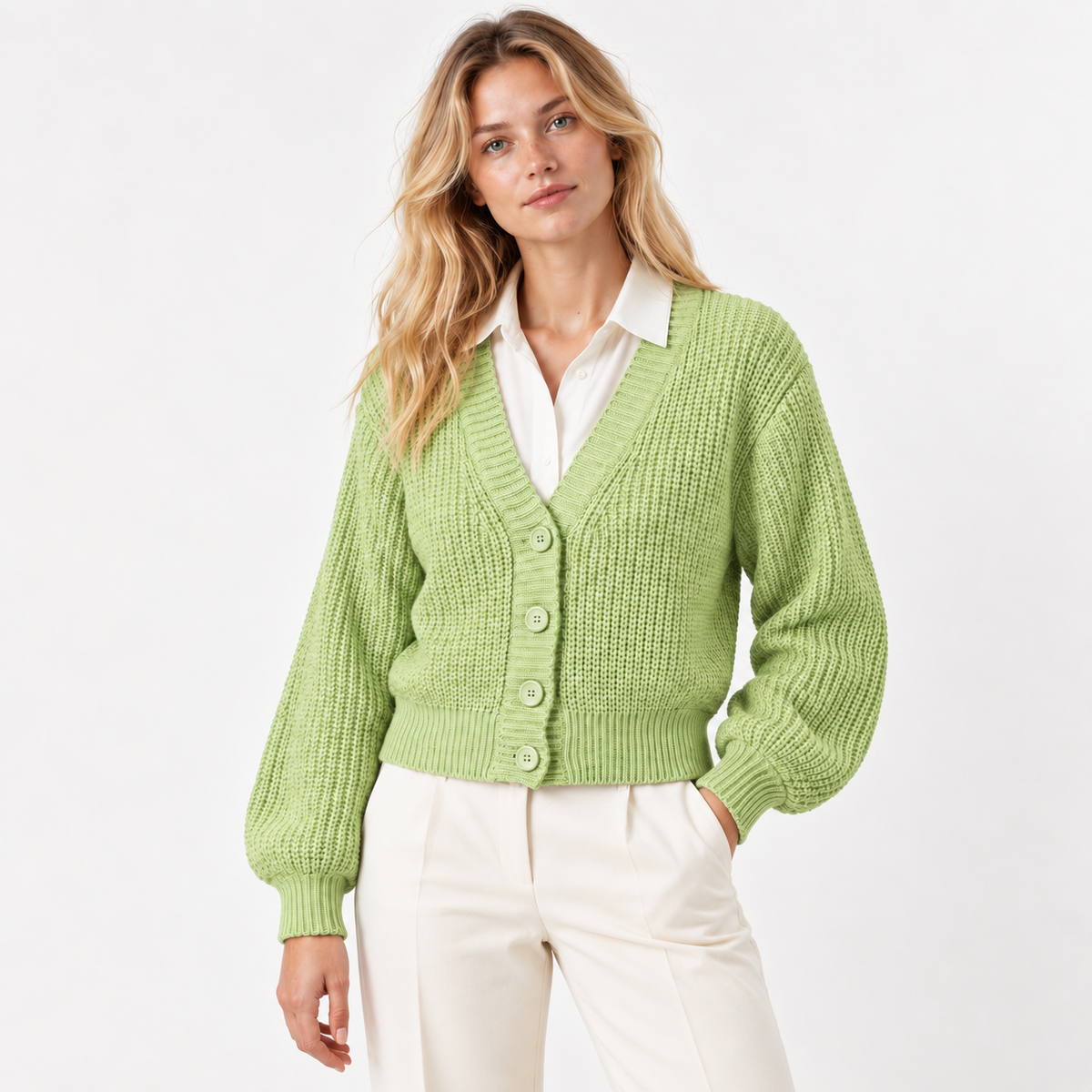 Cárdigan mangas anchas verde — front