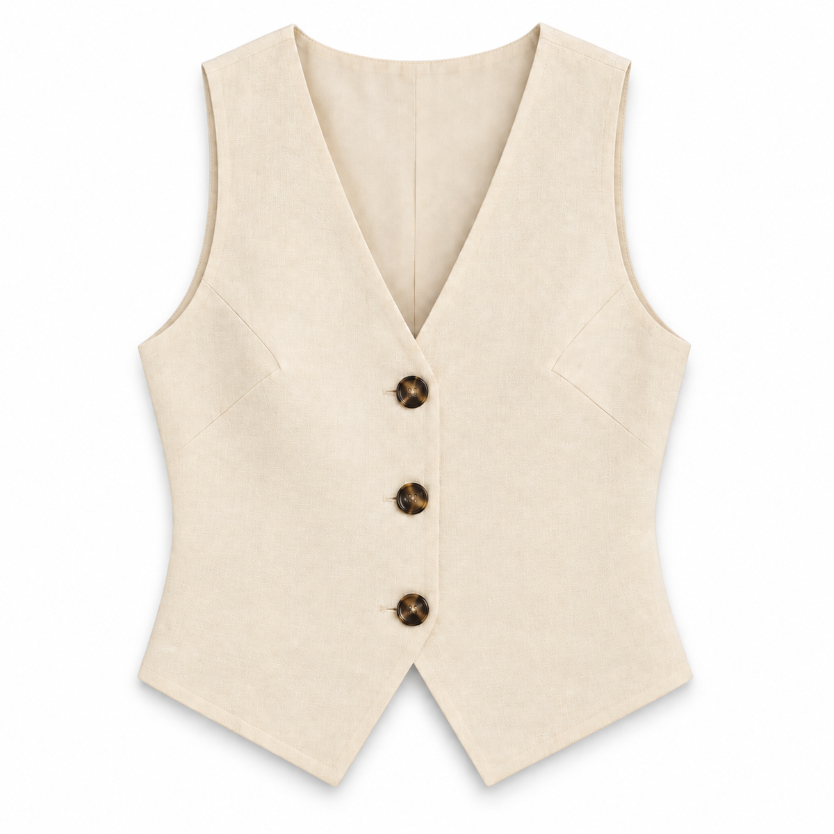 Chaleco beige completo, tres botones, sin bolsillos, fondo blanco