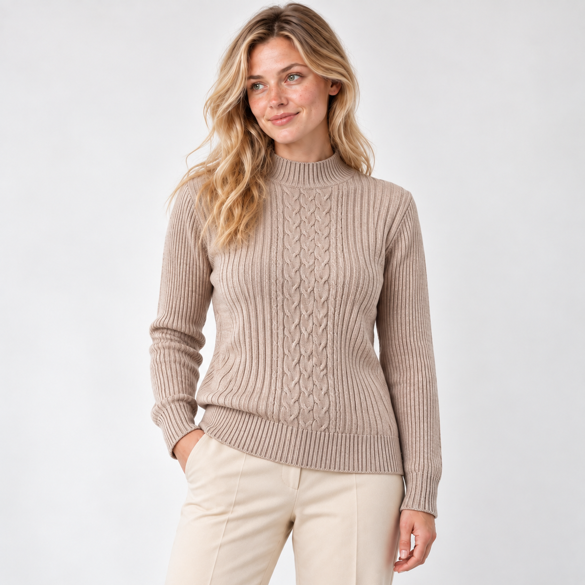 Sweater largo tejido stretch beige, vista frontal, modelo natural