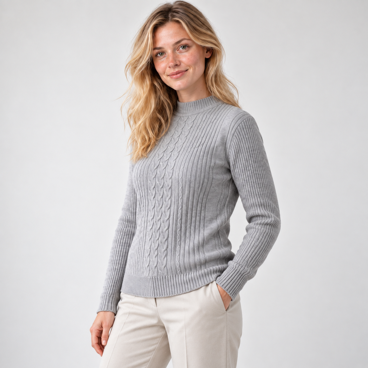 Sweater largo tejido stretch gris, vista lateral