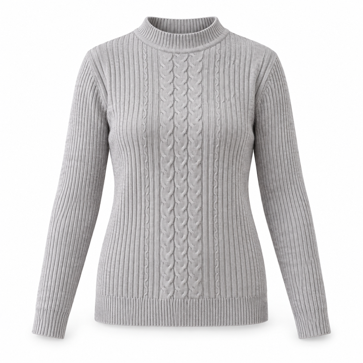 Sweater largo tejido stretch gris, producto completo sobre fondo blanco