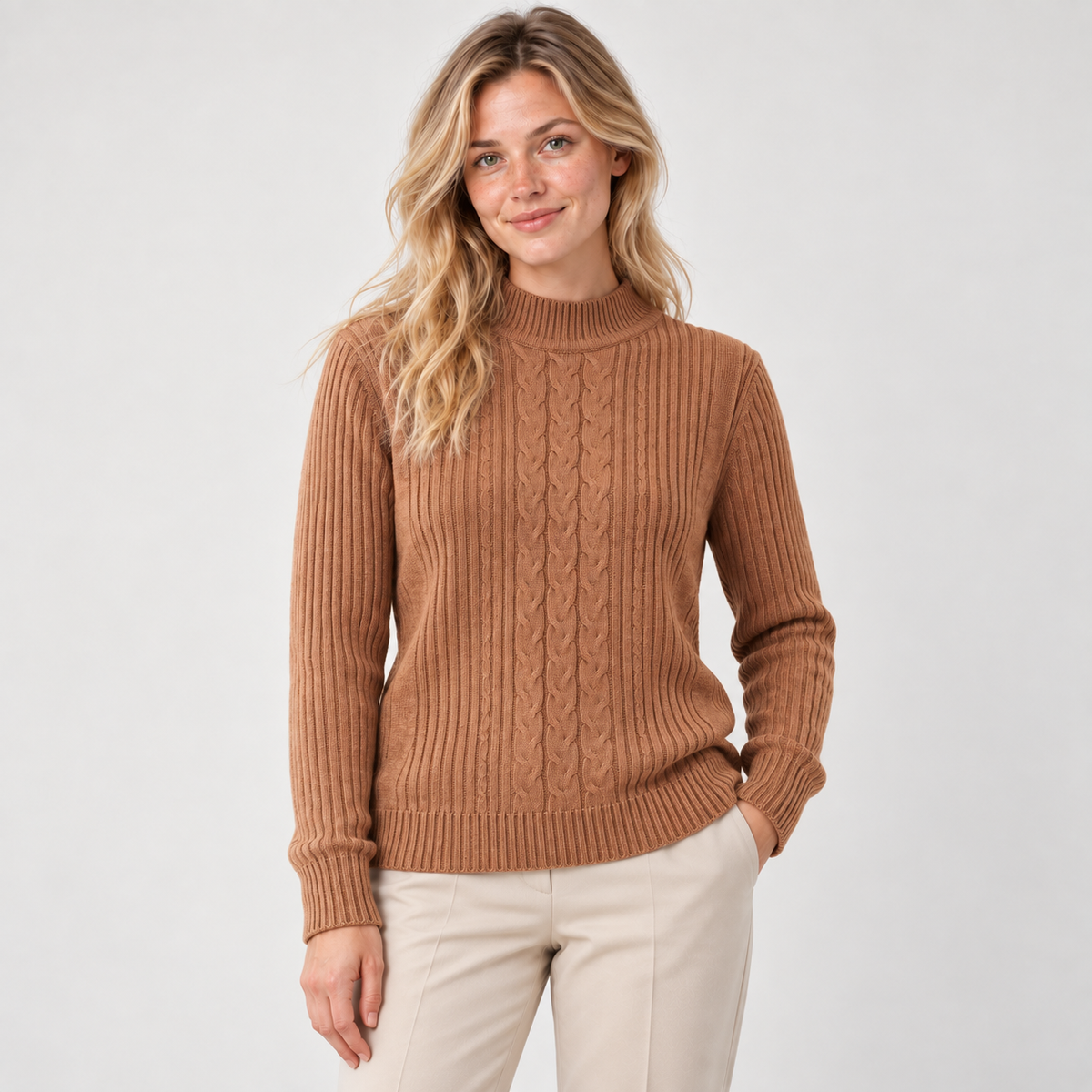 Sweater largo tejido stretch marron, vista frontal, modelo natural