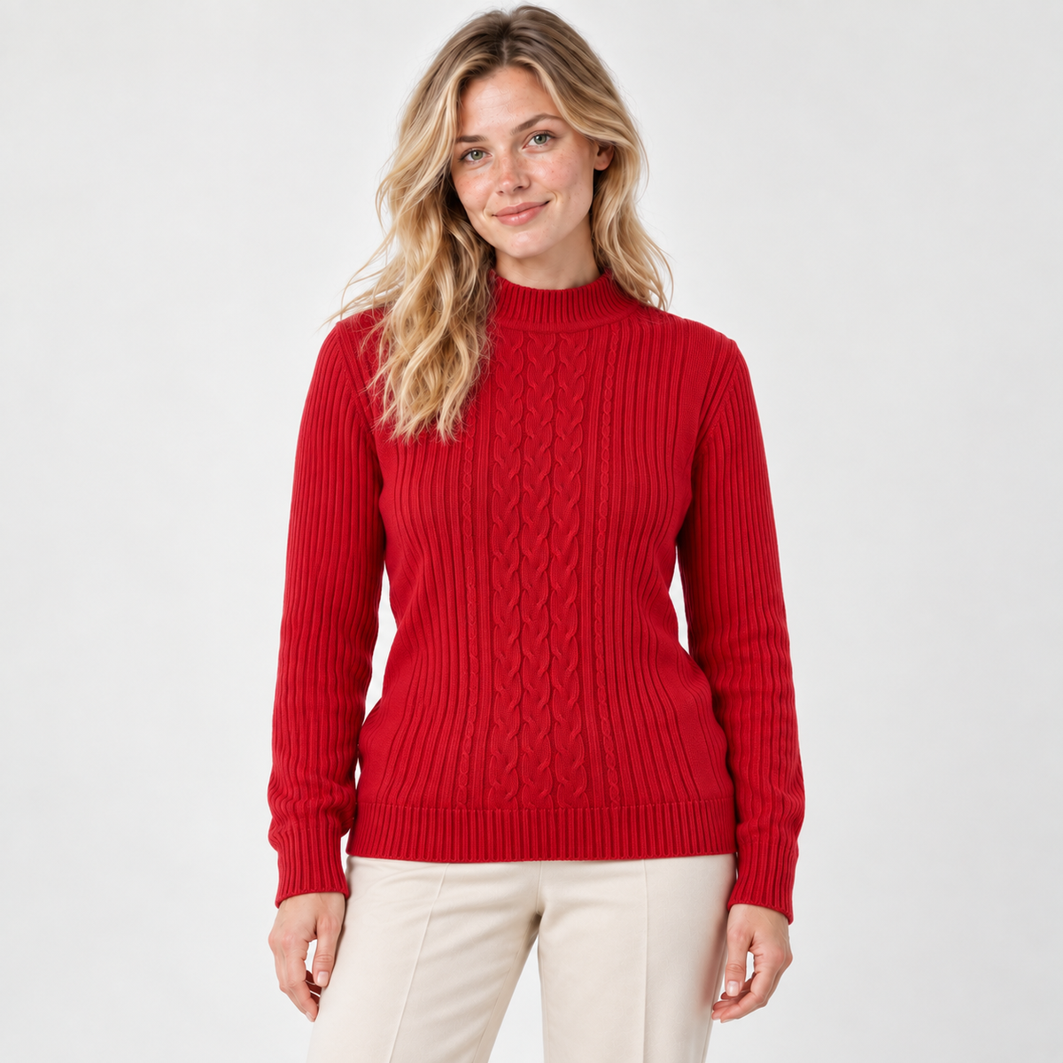 Sweater largo tejido stretch rojo, vista frontal, modelo natural