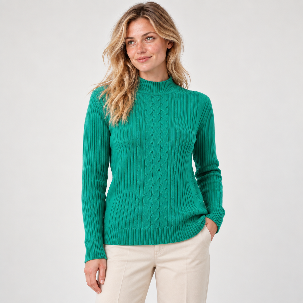Sweater largo tejido stretch verde, vista frontal, modelo natural
