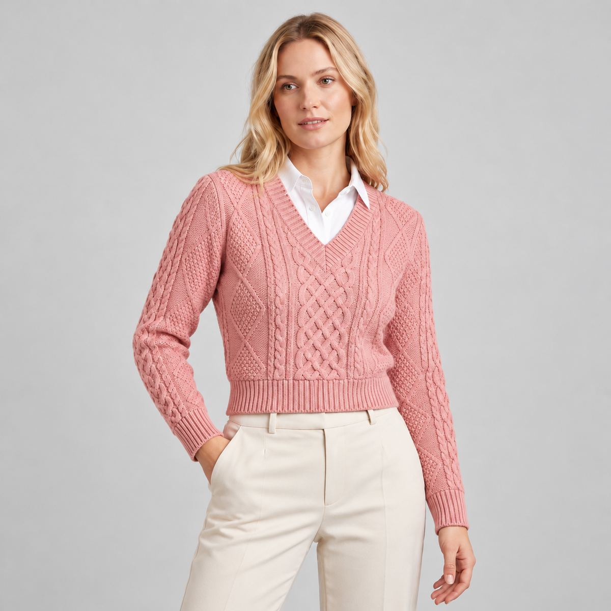 Sweater cuello V rosa — lado