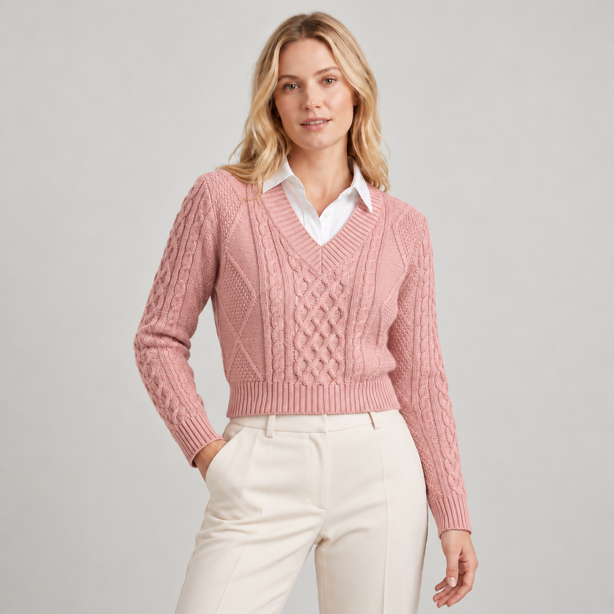 Sweater cuello V rosa — frente