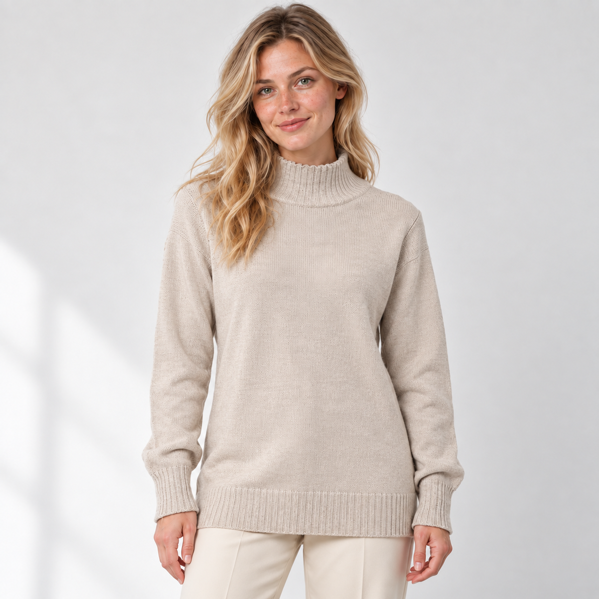 Sweater largo beige, vista frontal, modelo natural, cuello ondulado