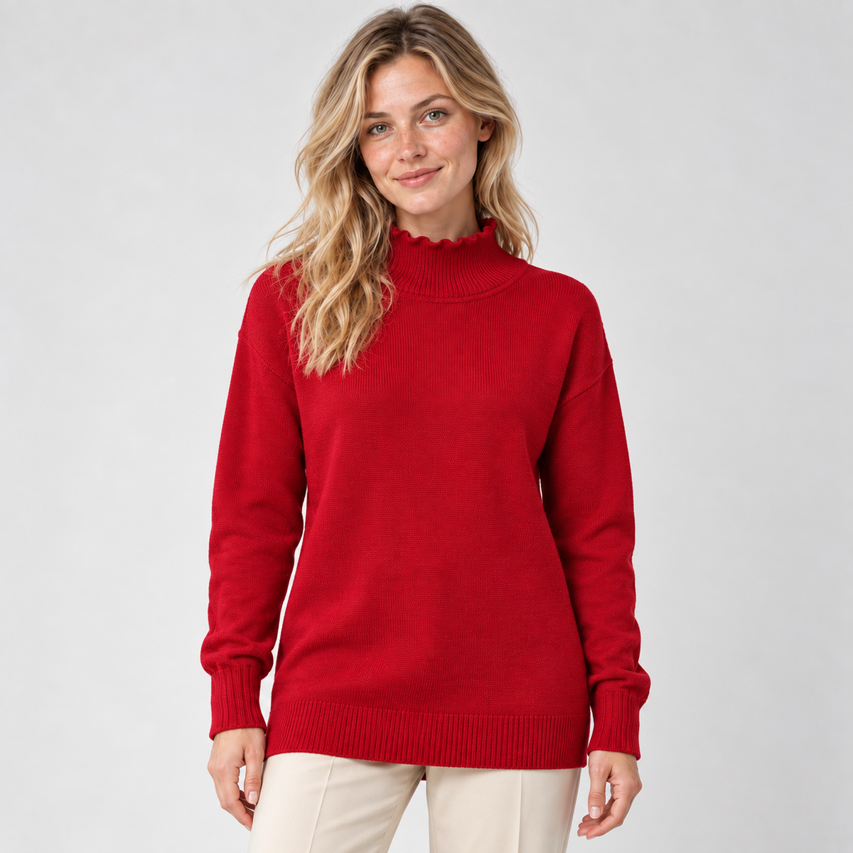 Sweater largo rojo, vista frontal, modelo natural, cuello ondulado