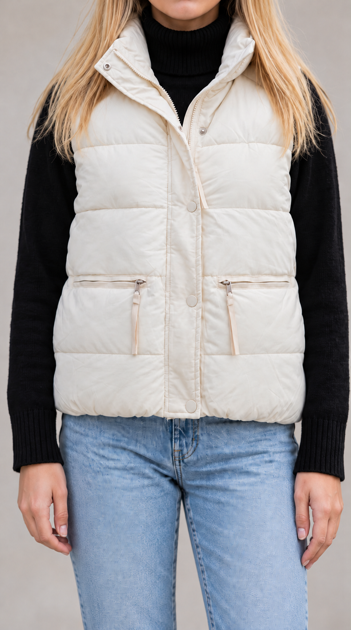 Parka clara sin mangas — frente cerrado