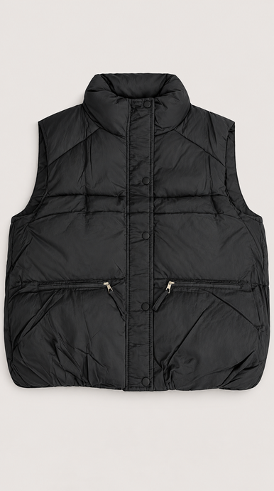 Parka acolchada negra sin mangas — producto solo, vista frontal