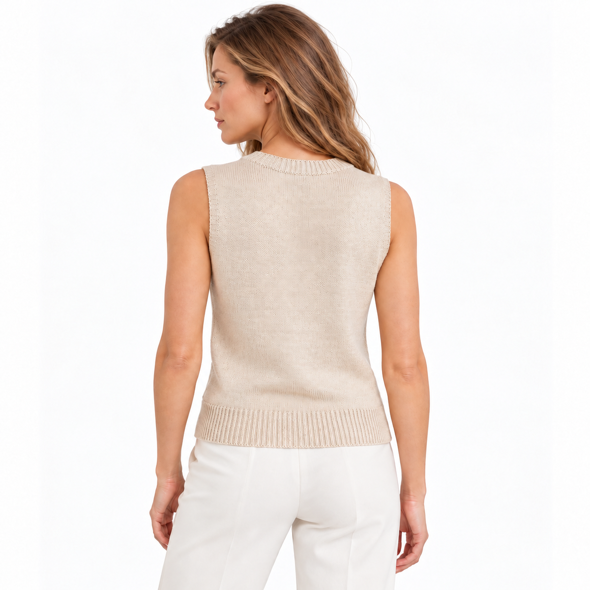 Sweater beige sin mangas, espalda lisa