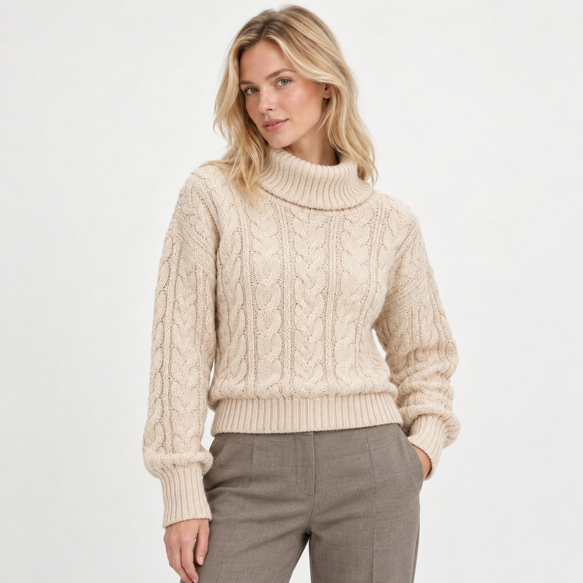 Sweater cuello de tortuga ancho beige, corte a la cintura, modelo rubia natural — MODASPROPIAS