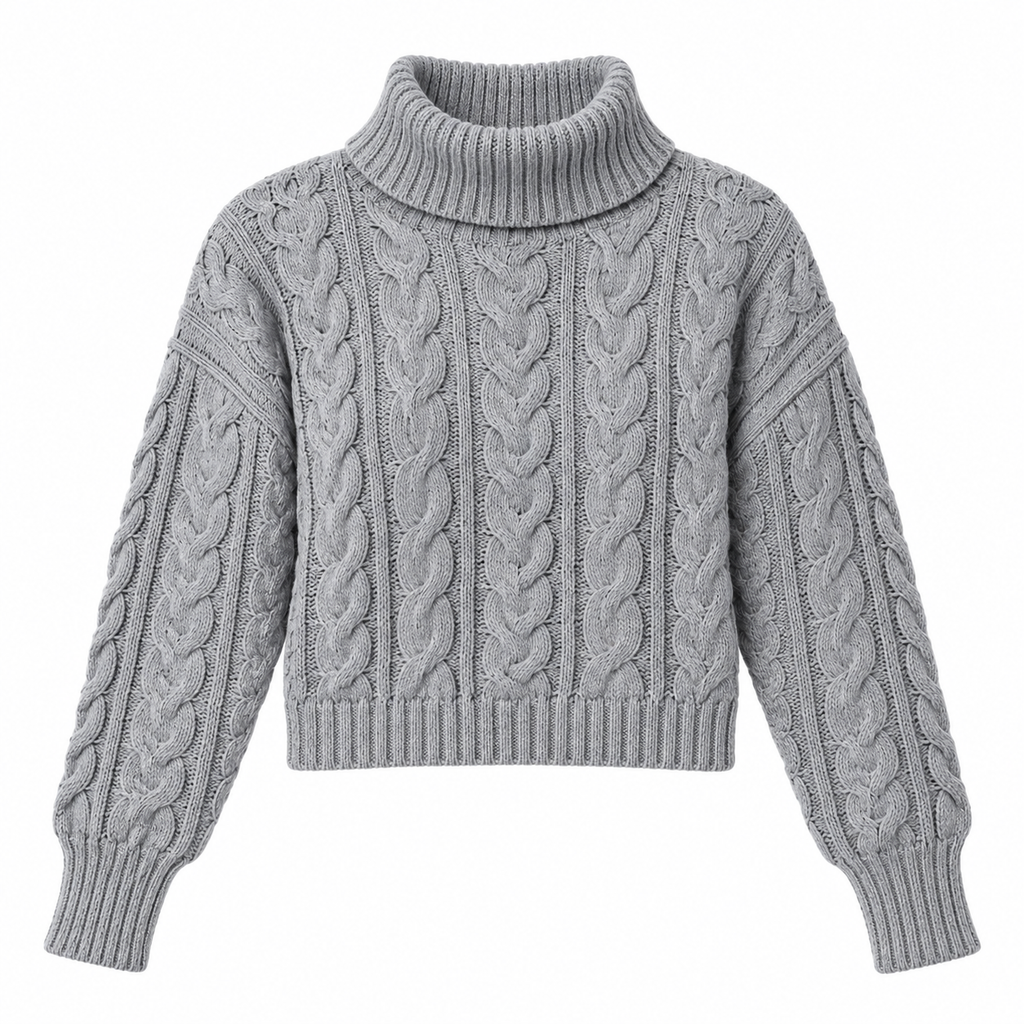 Sweater cuello de tortuga gris, producto completo, corte a la cintura, fondo blanco