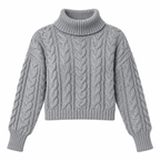 Sweater cuello de tortuga gris, producto completo, corte a la cintura, fondo blanco