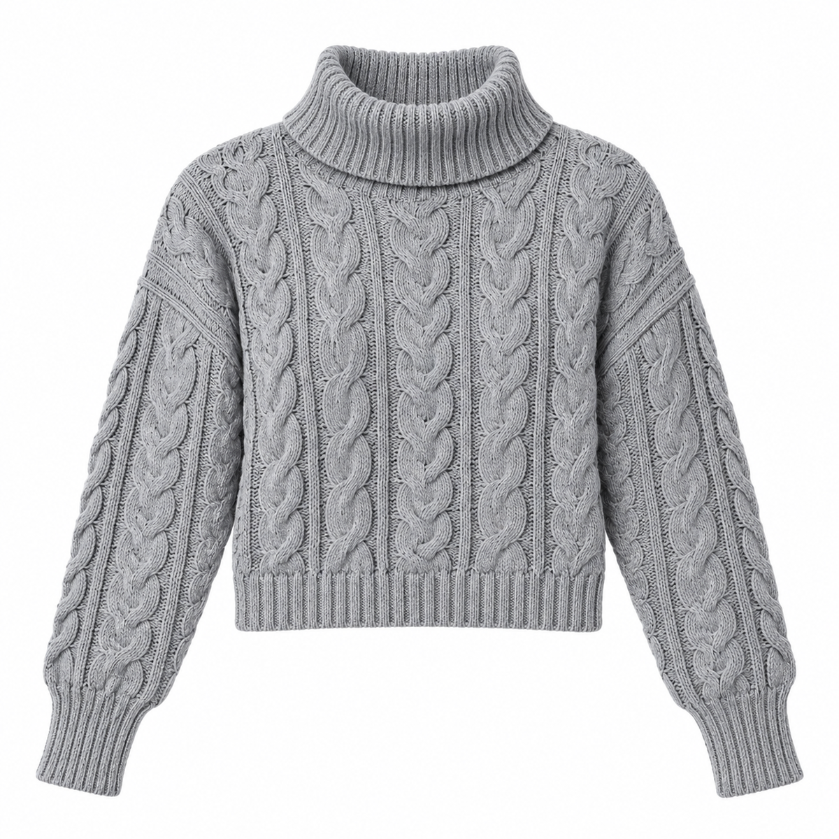 Sweater cuello de tortuga gris, producto completo, corte a la cintura, fondo blanco