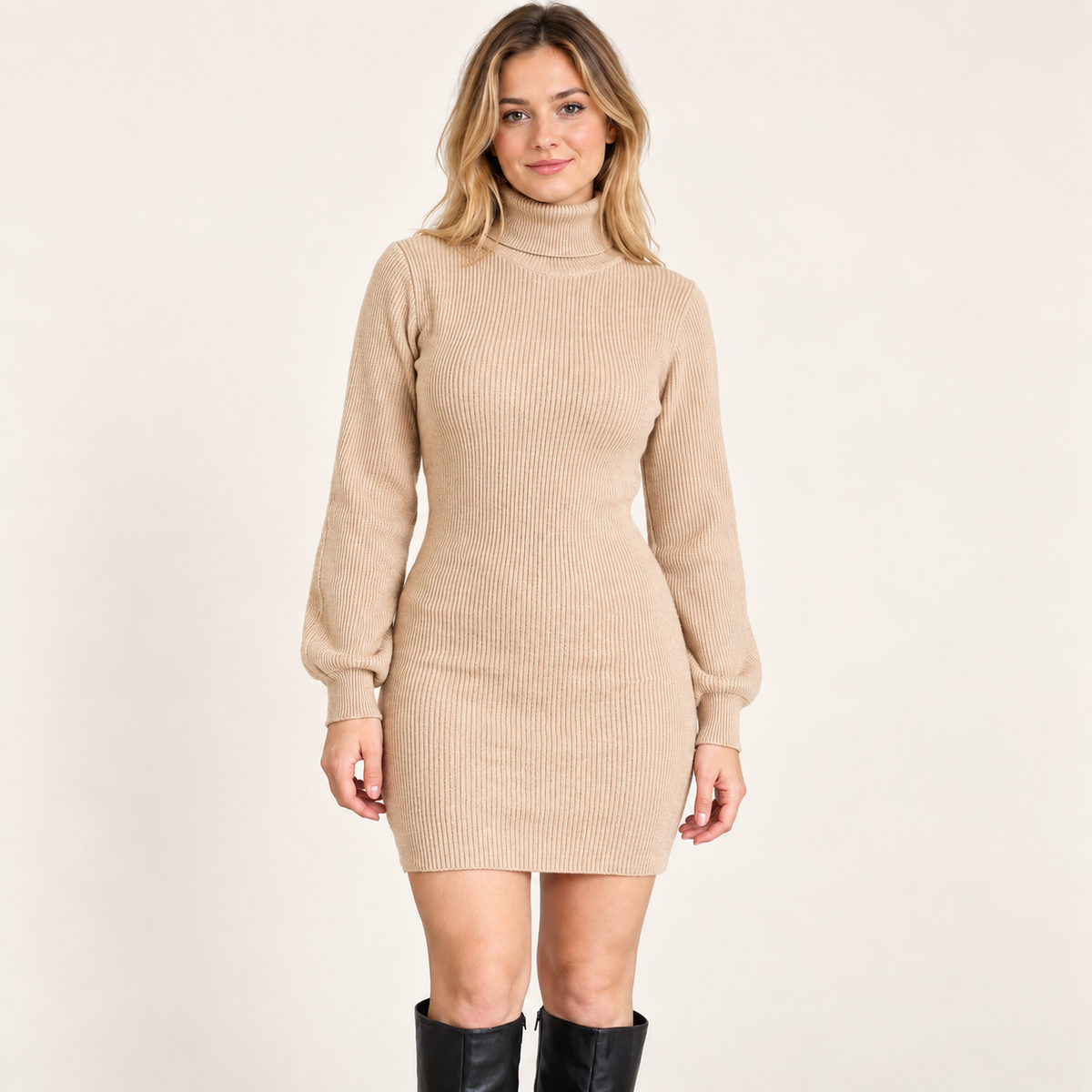 Vestido invierno cuello de tortuga Beige — vista frontal