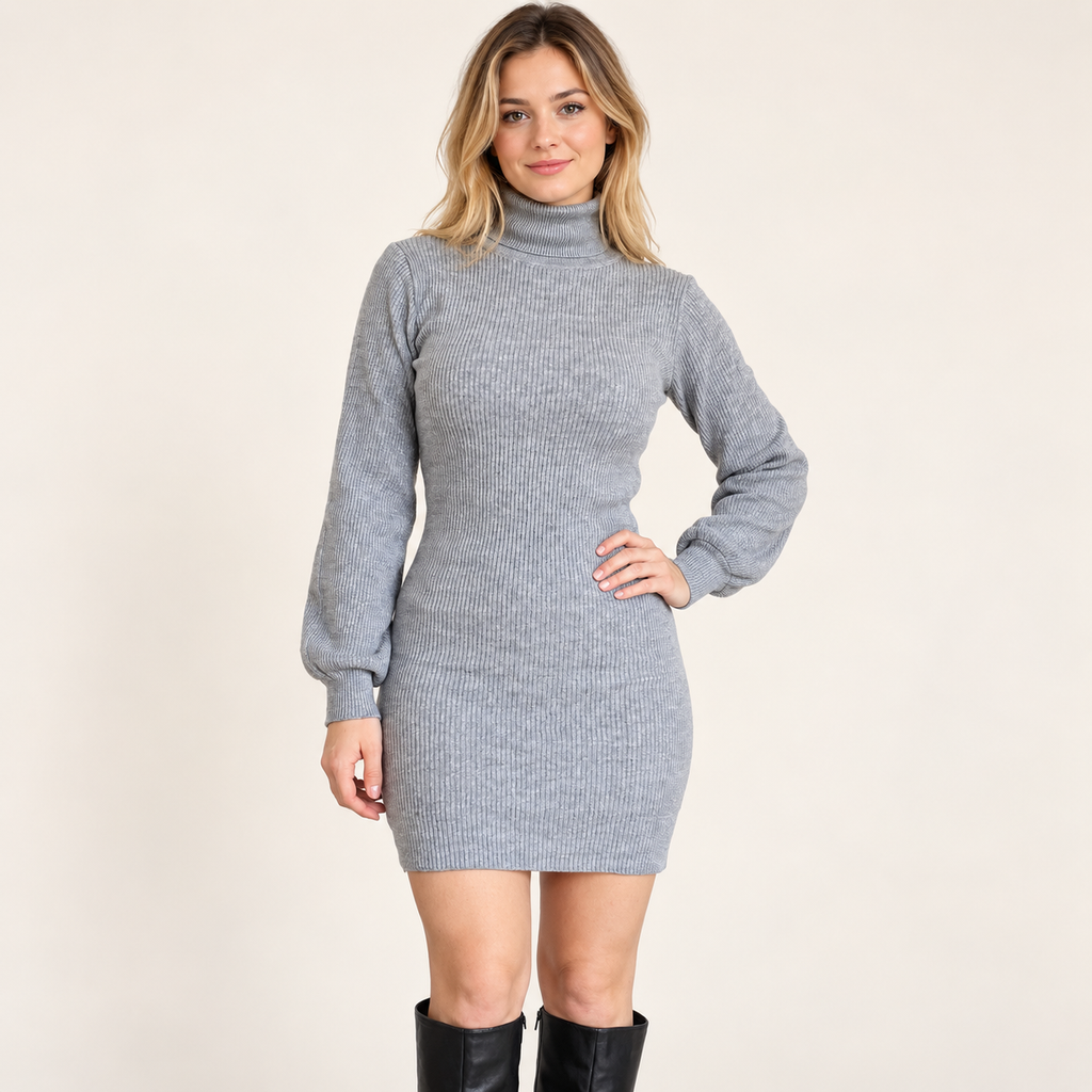 Vestido invierno cuello de tortuga Gris — vista frontal