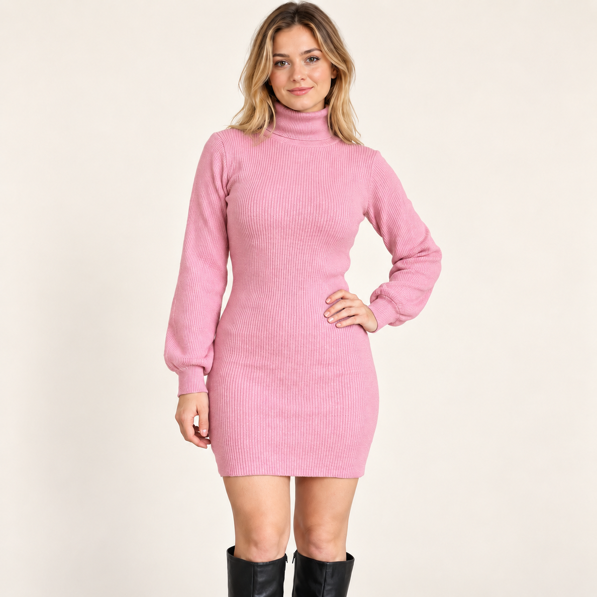 Vestido invierno cuello de tortuga Rosa — vista frontal