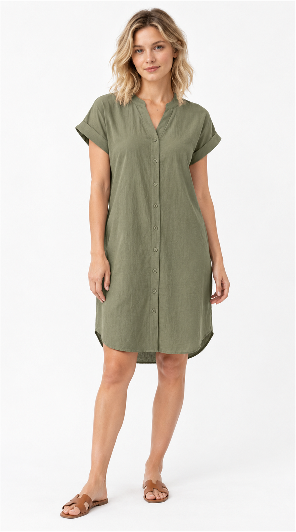 Vestido verde oliva de algodón, frente
