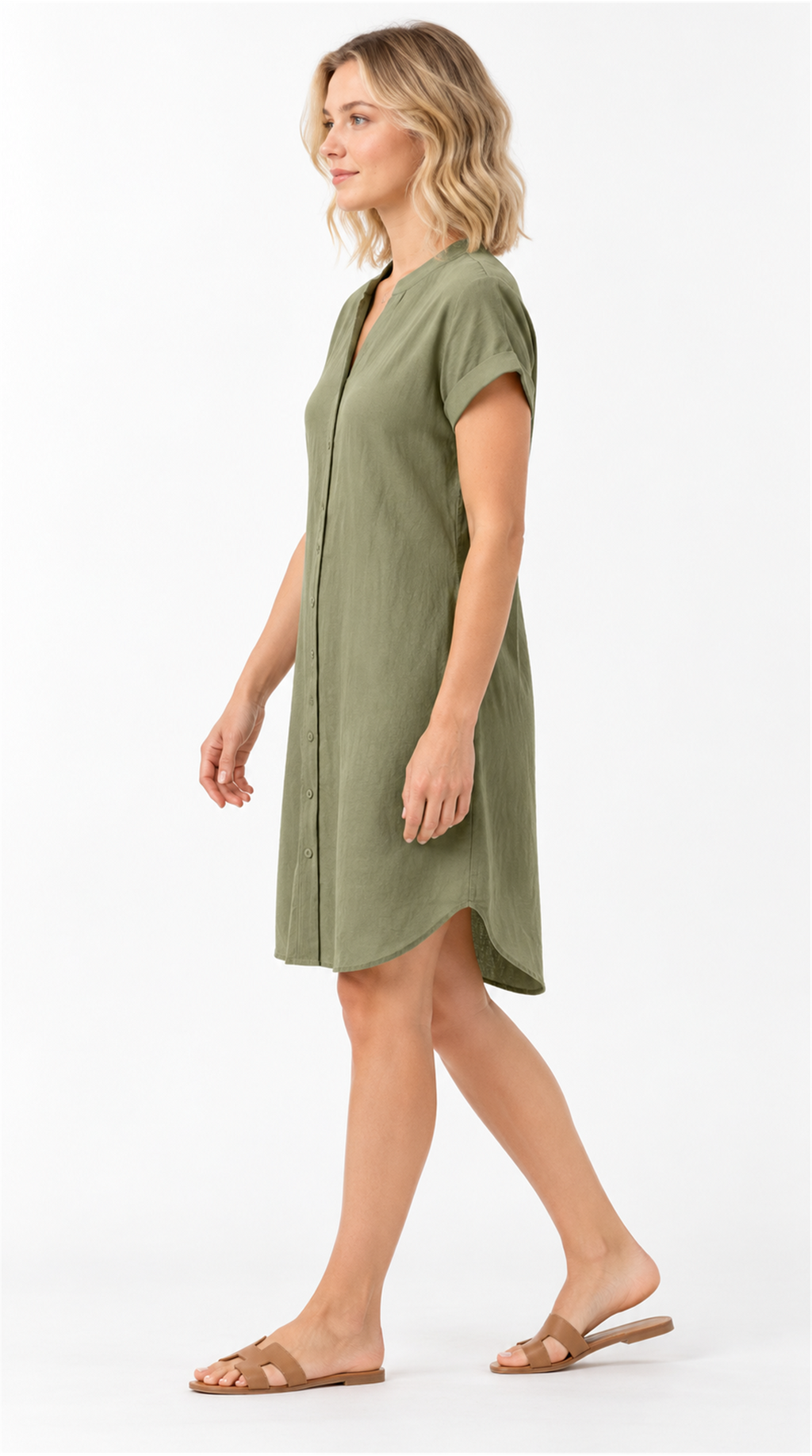 Vestido verde oliva de algodón, lado